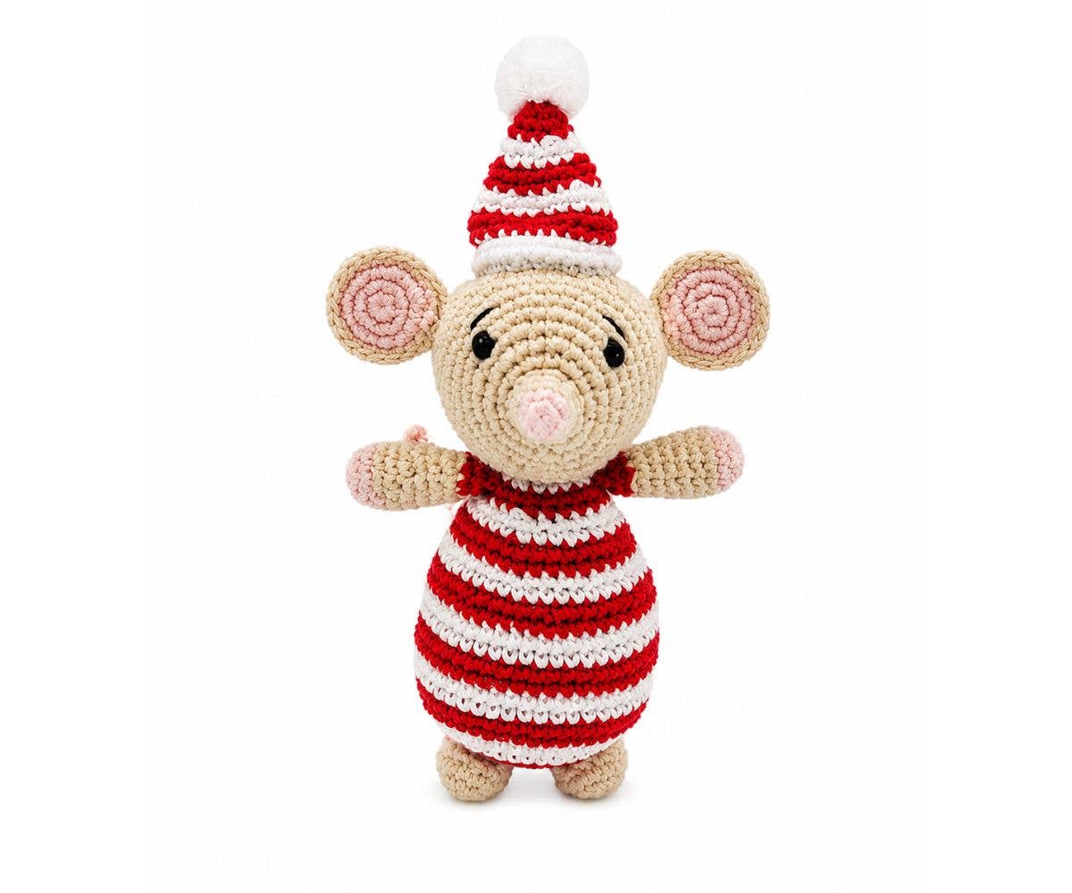 Organic Cotton Christmas Mouse with Hat Baby Rattle