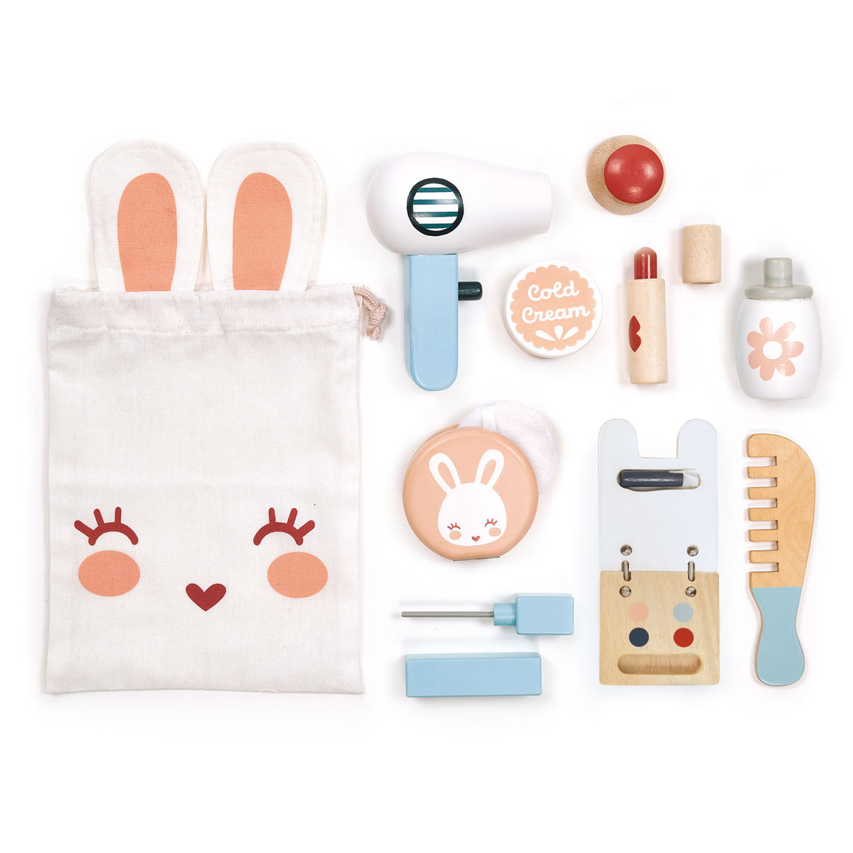 Wooden toy bunny themed make up set laid out.  Set includes a fabric bag, lipstick, nail varnish, cream pot, comb, hair dryer, mascara stick, eye shadow pallet, perfume bottle and a powder puff with mirror.