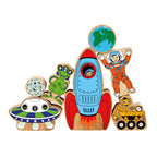 Space playset wooden toy featuring rockets and planets from Froglet Toys
