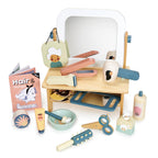 Wooden pretend play hair salon with a table top mirror.  Complete with wooden accessories including brushes, shampoo and scissors.