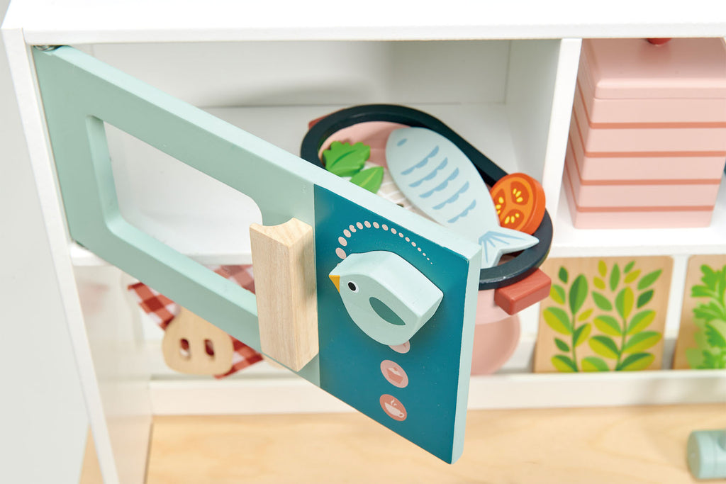 Tender Leaf Toys Kitchen Range showing close up of toy microwave